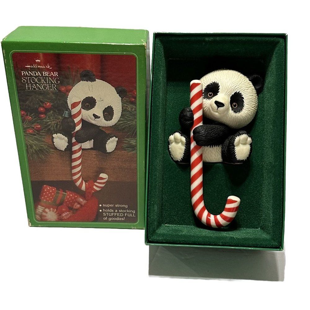 Vintage Hallmark Stocking Hanger Holder PANDA BEAR w/ Box Christmas Candy Cane